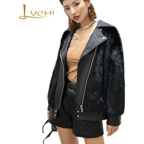 LVCHI 2019 Winter Mink Fur Patchwork Wool Leather Coats Real Fur Coat Women Turn Down Collar Long Sleeve Short Mink Fur Coats