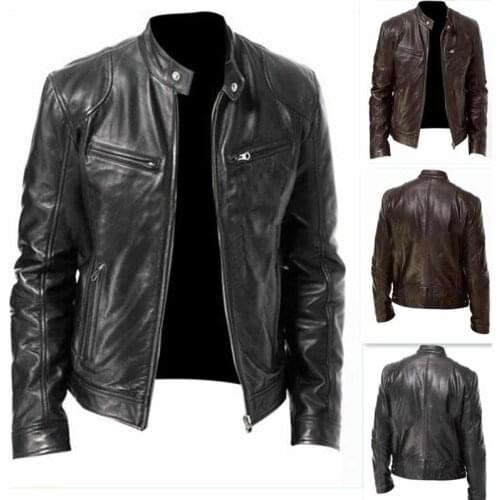 Men Motorcycle Jacket Autumn Winter Faux Leather Long Sleeve Plus Size Coat Stand Collar Club Bomber Zipper Pockets Jacket