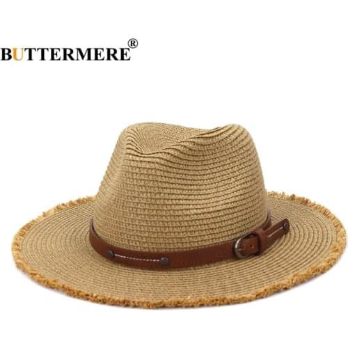 BUTTERMERE Womens Sun Hat Men Women Straw Hat Panama Rough Brim Sombreros Fedora Decorate Ladies Hats and Caps