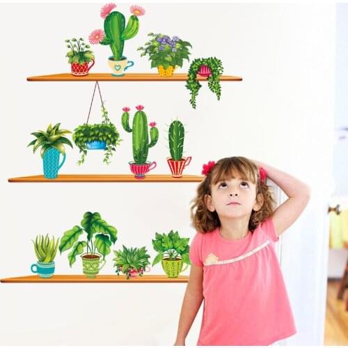 Wall Decor Wall Stickers Home Decor Living Room Kids Room Decoration Living Potted Shelf Plant Flower Stickers Cactus AT201