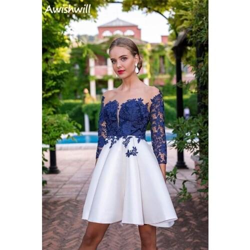 New Royal Blue Cocktail Dresses Neck Appliques Lace Long Sleeve Mini Short Homecoming Dresses