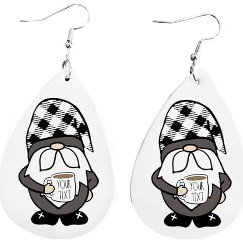 Faux Leather Earrings -Farmhouse Coffee Gnome with Buffalo Check Hat Cut Teardrop Earrings