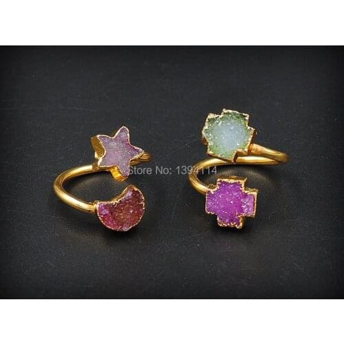 Mixed Colors 2 Onyx Cluster Star / Moon / Cross / Hexagon Combination Ring Of 24K Gold Cladding Adjustable Approx 10 mm