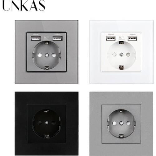 UNKAS EU Standard Wall Power Socket Dual USB Plug Charger AC110V-250V 16A Tempered Crystal Glass / Plastic Panel Outlet