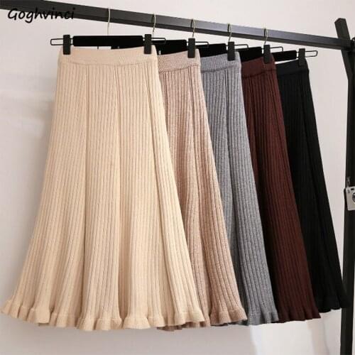 Skirts Women Autumn Winter Solid Simple Ruffles Korean Style Mermaid Elastic Waist Retro Knitting Office Lady Elegant Slim Chic