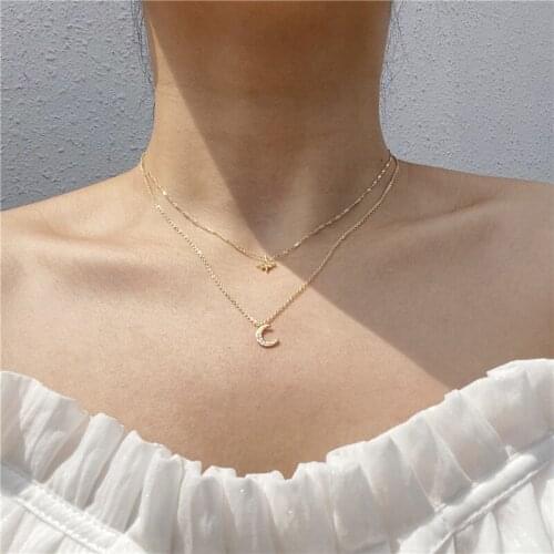 Shiny Side New Fashion Jewelry Chain Crystal Star Pendant Necklaces for Women Simple Style Zircon Moon Charm Necklaces