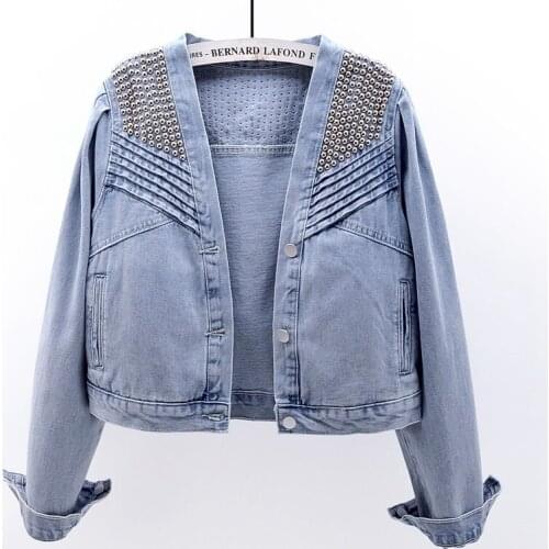 2021 Spring New Short Denim Jacket Female Korean Fashion Rivets V-Neck Long-Sleeve Basic Coat Autumn Streetwear Outerwear