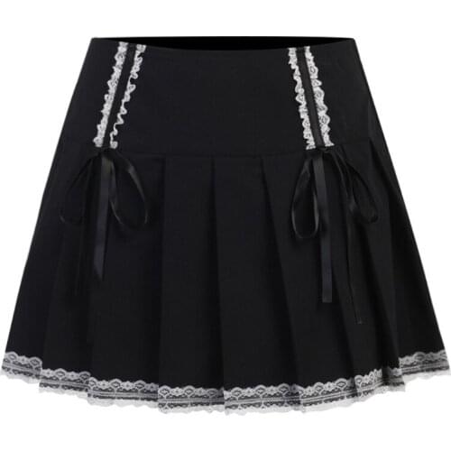 E15E Women Gothic Punk High Waist A-Line Black Mini Pleated Skirt Lace Patchwork Trim Bowknot Flared Hem Ruffles Harajuku