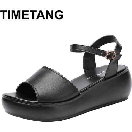 TIMETANG Genuine leather woman shoes summer 2020 platform sandals ladies wedges leather sandals women beach shoe