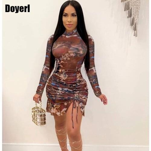 Ruffles Bodycon Party Dress Women Festival Clothing Long Sleeve Drawstring Elegant Mini Dress Night Club Sexy Dress Vestidos