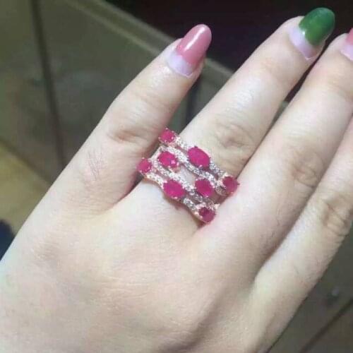 Trendy Luxurious big Row geometry Natural red ruby Ring Natural gemstone Ring S925 sterling silver women party girl gift Jewelry