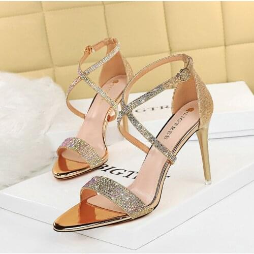 Bigtree NEW Fashion Shallow Sequined Cloth Bling Crystal Bordered Pointed Toe Summer Shoes Sexy High Heel Buckle Strap Ankle