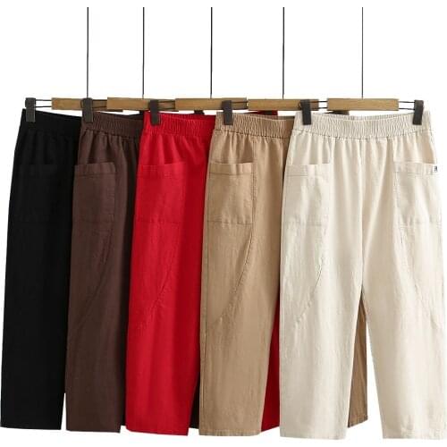 Large Size Womens Joker Elastic Waist Washed Cotton and Linen Elastic Pants 2021 Summer Comfortable Casual Women Pants