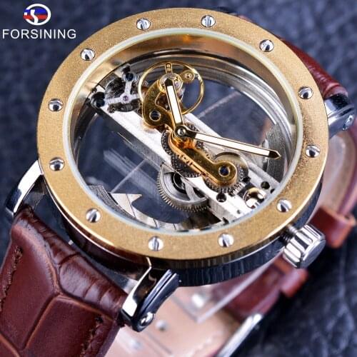 Forsining 2017 Luxury Design Transparent Case Brown Leather Strap Mens Watches Top Brand Luxury Automatic Skeleton Wrist Watches