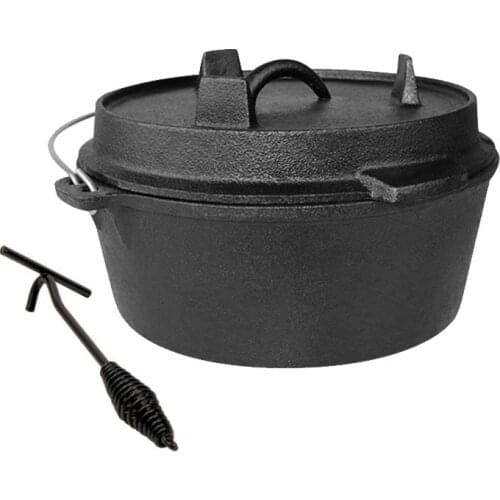 25cm Cast Iron Dutch Oven Camping Pot Uncoated Cast Iron Dutch Pot Multi-function Outdoor Stew Pot Barbecue Pot Soup Picnic Pot