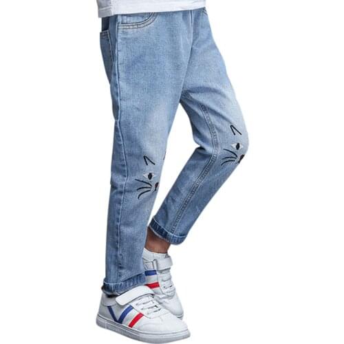 Jeans For Girl Winter Warm Jeans For Girls Cat Embroidery Childrens Jeans For Girls Autumn Novelty Jeans Pants For Girls School