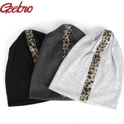 Geebro New Womens Leopard Rhinestones Stretch Beanies Unisex Cotton Casual For Girls Man Spring Bonnets Skullies Hat Caps DT908