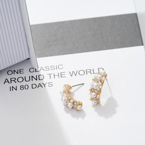 Jaeeyin 2021 Fashion Rectangle Curved Earrings White Pearl Clear Rhinestone Gold Color Cute New Arrivals Gift For Women Girls