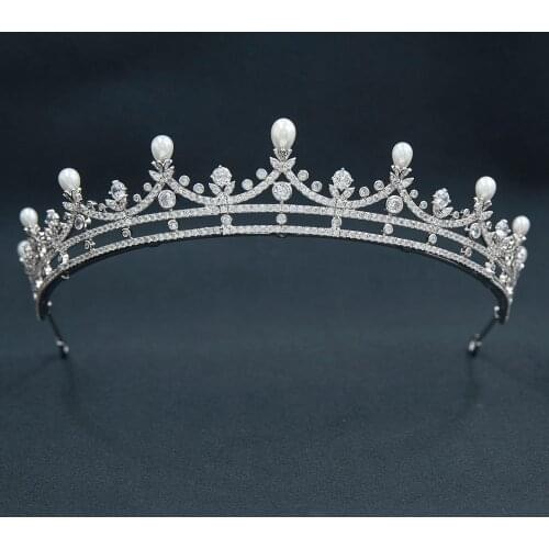 Cubic Zirconia Royal Tiara for Wedding,Pearl Princess Tiaras Diademe for Bride Hair Jewelry CH10373
