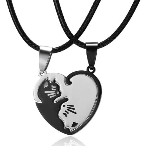 2pcs Set Friendship Jewelry Couple Lovers Gift Love Heart Shaped Yin Yang Cat Lock Key Pendant Patchwork Titanium Steel Necklace