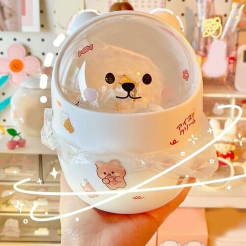 Hot Newest Mini Kawaii Cute Bear Trash Bin Desktop With Lid Trash Can Storage Box Girl Pen Holder Storage Bucket With Top