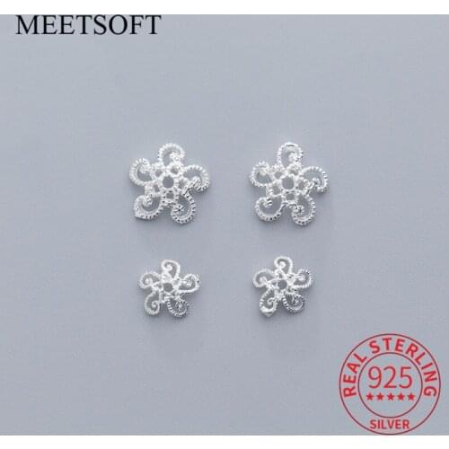 MEETSOFT Trendy 2pcs/lot 925 Sterling Silver Five petal flower bead caps Charms of DIY Handmade Fine Jewelry wholesale Accessory