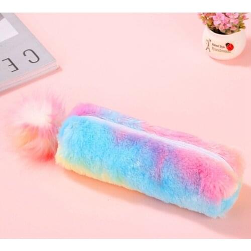 Cute Zipper Hair Ball Pen Bag Rainbow Plush Pencil Case Large Capacity Pencil Pouch Kids Girls Gift School Stationery Supplies