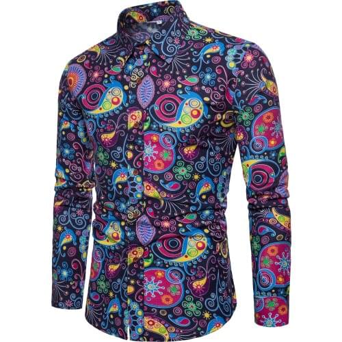 Men Shirts Personality Printed Pattern New Mens Style Club Shirts with Long Sleeves