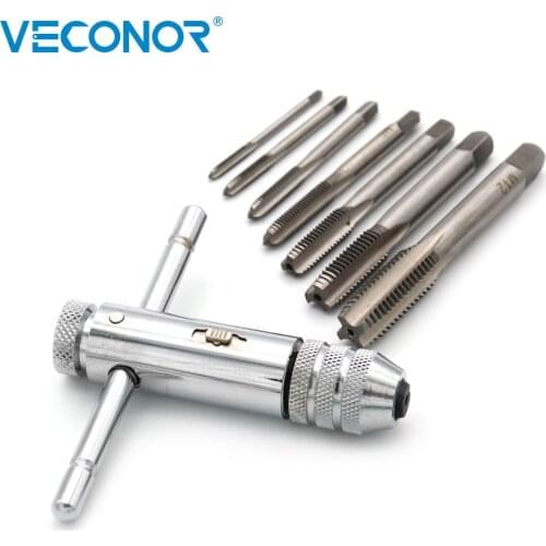 VECONOR 8pcs Reversible Ratchet Tap Wrench Kit with 7pcs Taps Screw Thread Machine Tool Tap Holder