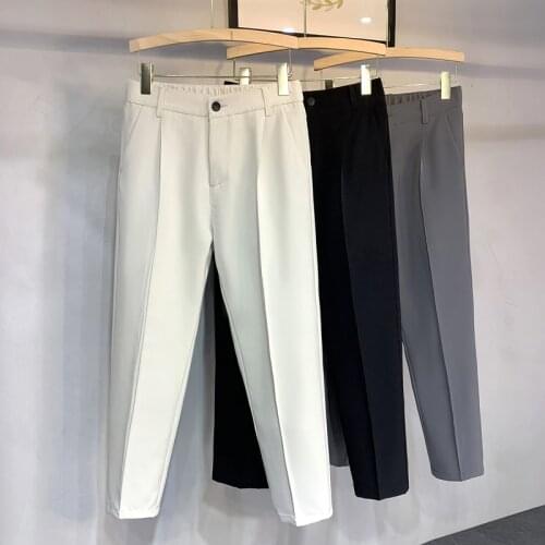 2021 New Men Cropped Straight Trousers Loose The Trend Fashion Male British No Ironing Pure Color Casual Suit Pants