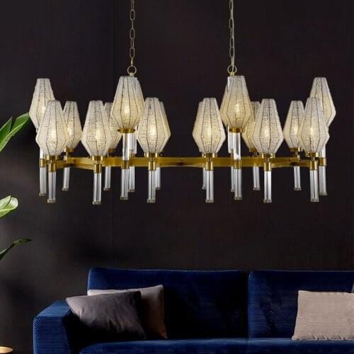 Postmodern luxury living room chandelier American simple copper crystal light creative club villa dining table long lamps