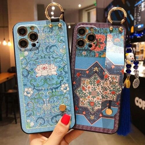 Wrist Strap Holder Phone Case For iPhone 11 Pro Max XR XS X 7 8 6S Plus Soft TPU Chinese Retro Classic Colore Flower Cover Funda