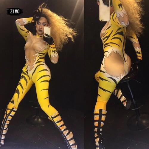 Sexy one piece Jumpsuit rhinestone Bodysuit Womens stage Outfit Tiger print Queen Nightclub Costume DJ Singers pole dance wear