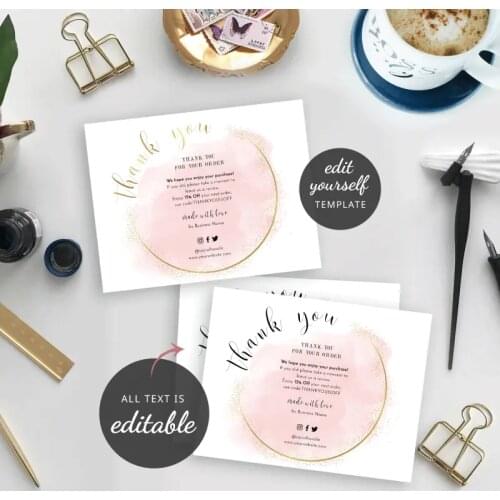 Thank You Order Note Pink Watercolor & Gold