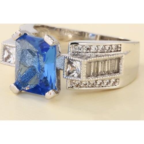 Domineering Mens Gems Wedding Ring Sea Blue Crystal Cocktail Women Mens Ring Engagement Jewelry Silver Plated Promise Ring
