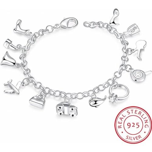 Pretty Bracelets 925 Sterling Silver AAA Zircon Crystal Bracelets 12 Pendants Charms Bangles For Woman New Fine Jewelry