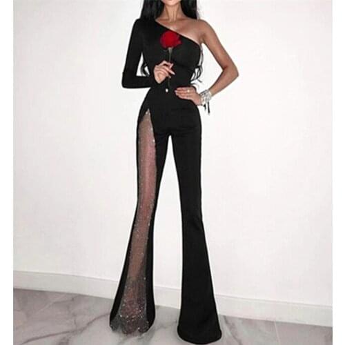 Women Winter Sexy Long Sleeve One Shoulder Diamonds Crystal Black Bandage Jumpsuit 2021 Celebrity Designer Bodycon Rompers