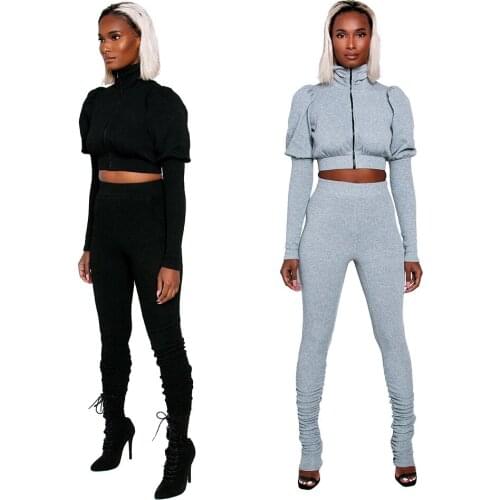 Women Solid Two Pieces Tracksuits Fashion Long Sleeves Zipper Short Top Ruched Skinny Pants 2020 New Arrivals Elegant Outfits