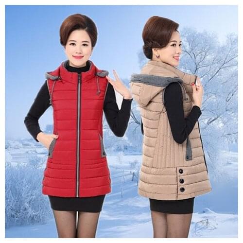 Middle Aged Women 2020 Winter Sleeveless Down Cotton Vest Female Thick Warm Slim Vests Ladies Hooded Solid Color Waistcoat Z231