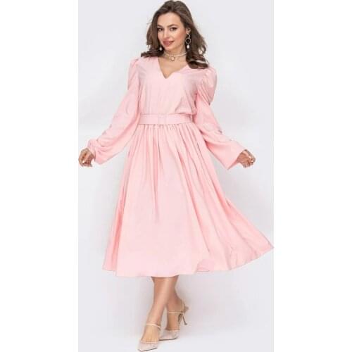 Women Casual Lantern Sleeve Belt A-line Party Dress Sexy V neck Pink Color Office Lady Dress 2021 Autumn New Fashion Prom Dress