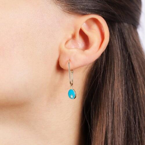 Blue Enamel Star Pendulum Gold Earring 14 Settings Custom Design Handy Custom Craftsmanship Gift Gold Earring On Special