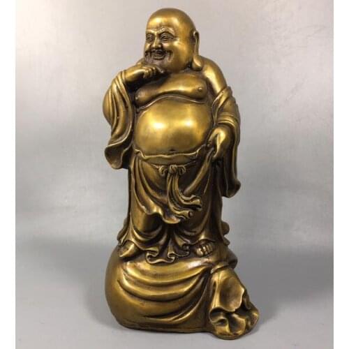23.5cm Chinese Pure Bronze Gourd Standing Happy Maitreya Buddha Statue Money Bag
