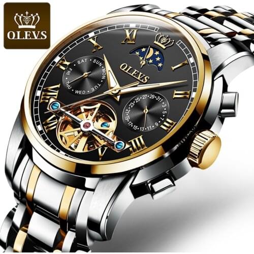 OLEVS Automatic Watch for Men Waterproof Luxury Mens Watch Mechanical Moon Phase Calendar Hollow Golden Edge Wrist Watches