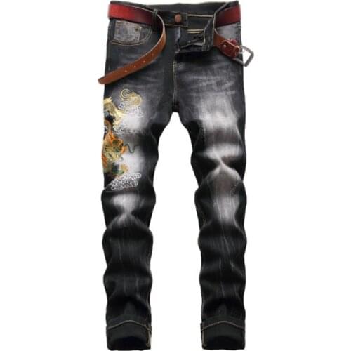 Hot Autumn Winter Men Embroidery Jeans Slim Straight Biker Jeans Casual Male Denim Pants masculina Trousers pantalones hombre