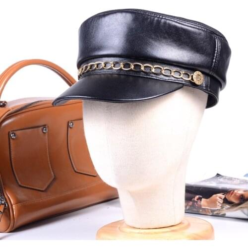 Womens Mens Big Lip Cap Real leather Black Silver Chains Military Newsboy Army Flat Hats/Caps