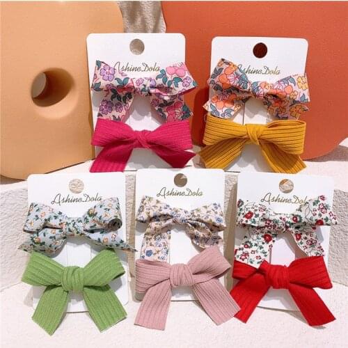 2 Pcs New Fashion Childrens Stripe Bow Duckbill Clip Hair Accessories Korea Sweet Girl Simple Small Fresh Floral Fabric Hairpin