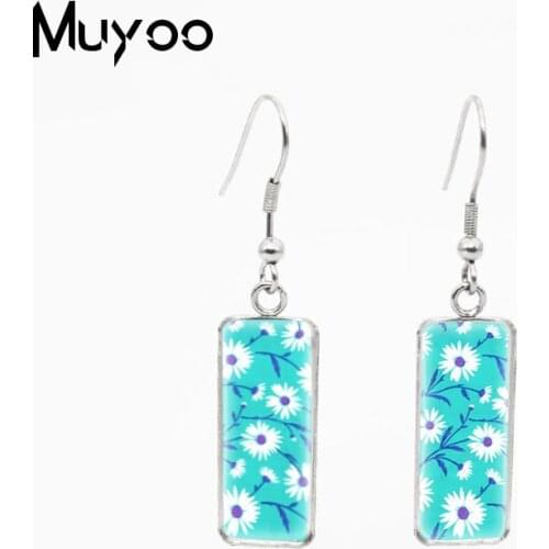Beauty Fresh Flowers Square Pattern Design Glass Cabochon Fish Hook Earrings Daisy, Daffodil Flowers Jewelry Earrings