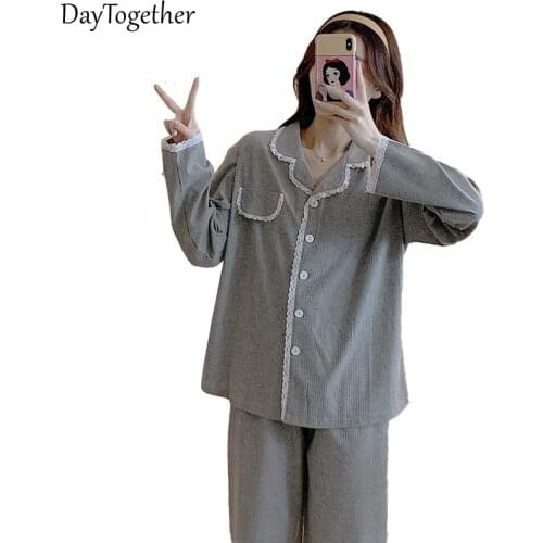 Cotton pajamas for women Casual Loose Long-Sleeve Lace Ladies Nightgown Color Blue Gray woman 2 pieces Suit Sleepwear