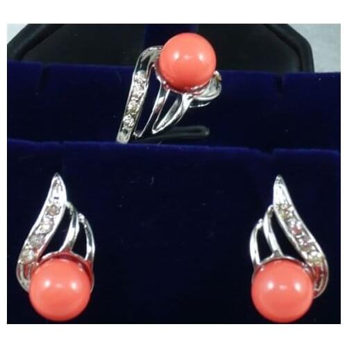 Prett Lovely Womens Wedding fast shipping>> Noble jewelry Pink Shell Pearl Earring Ring Set AAA