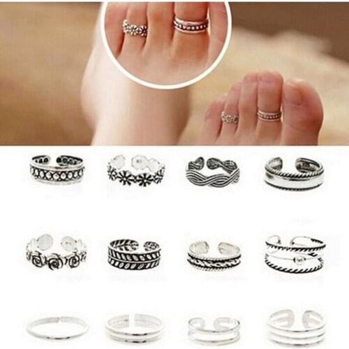 Richkeda Store New 2021 12pcs Rings Lady Unique Adjustable Opening Finger Ring Retro Carved Toe Ring Foot Beach Foot Jewelry